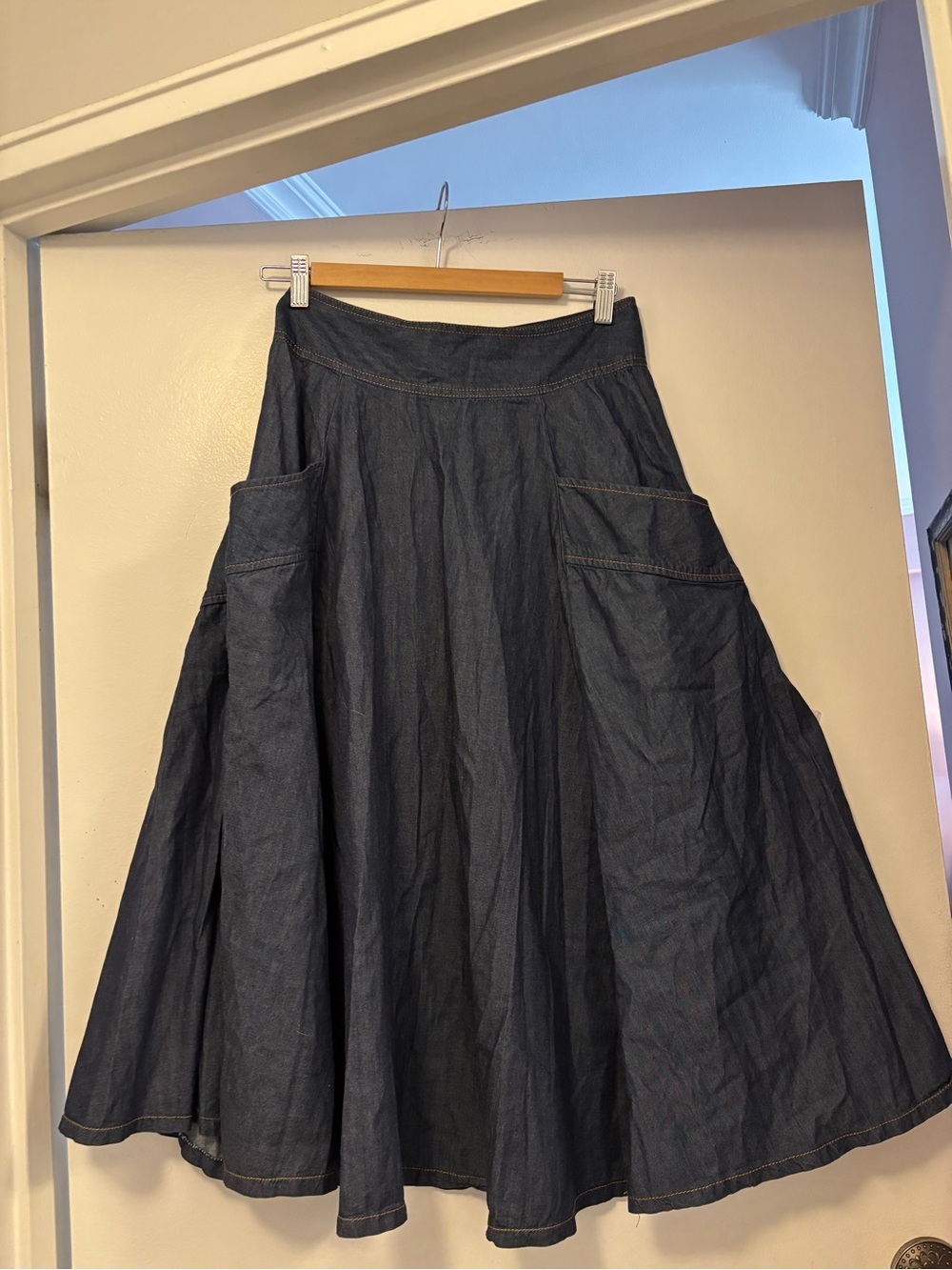 Vintage Dark Blue Denim Midi Skirt with Side Utility Pockets